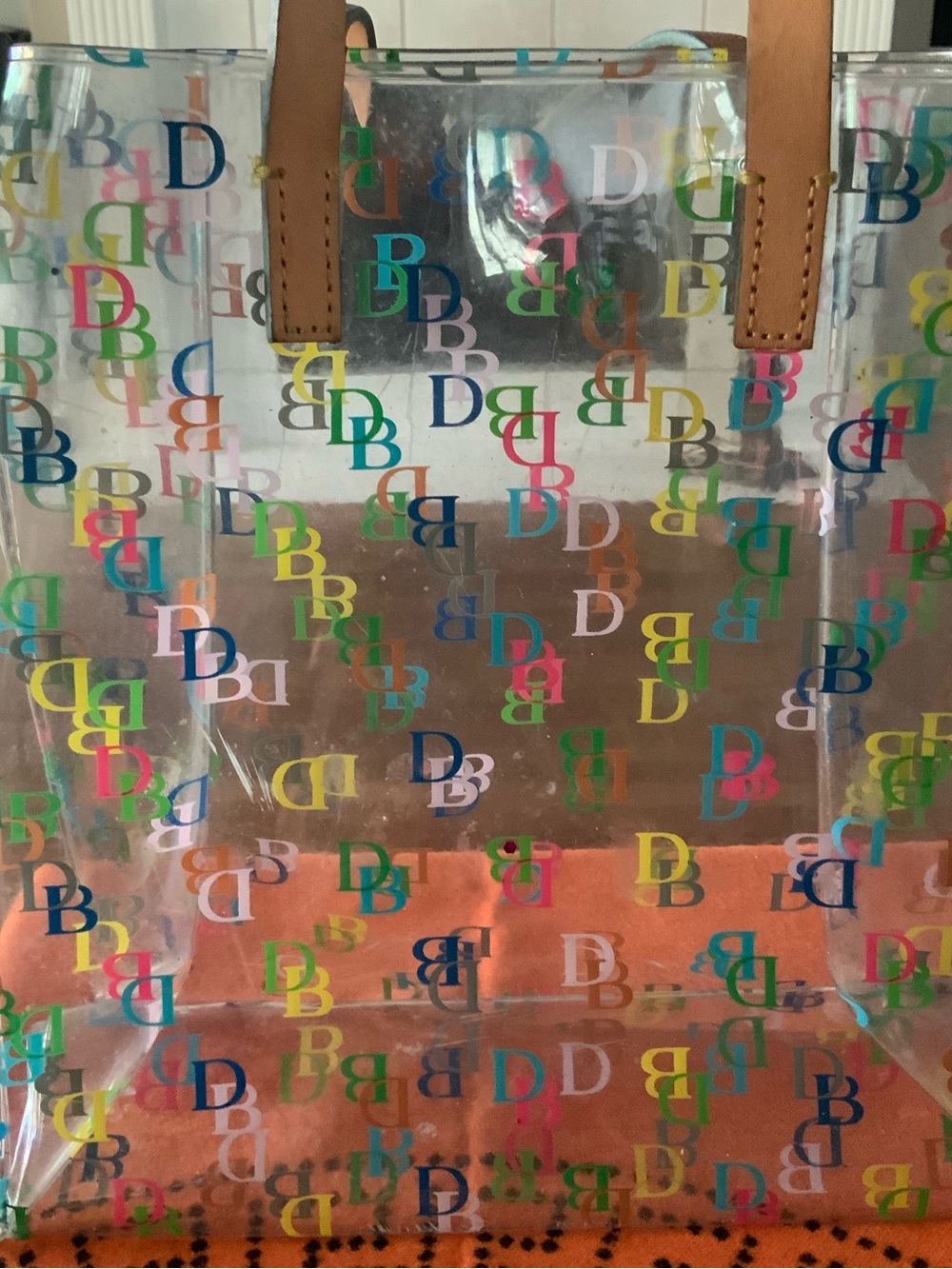 Dooney & Bourke Clear Tote with Multicolor DB Logos and Tan Trim